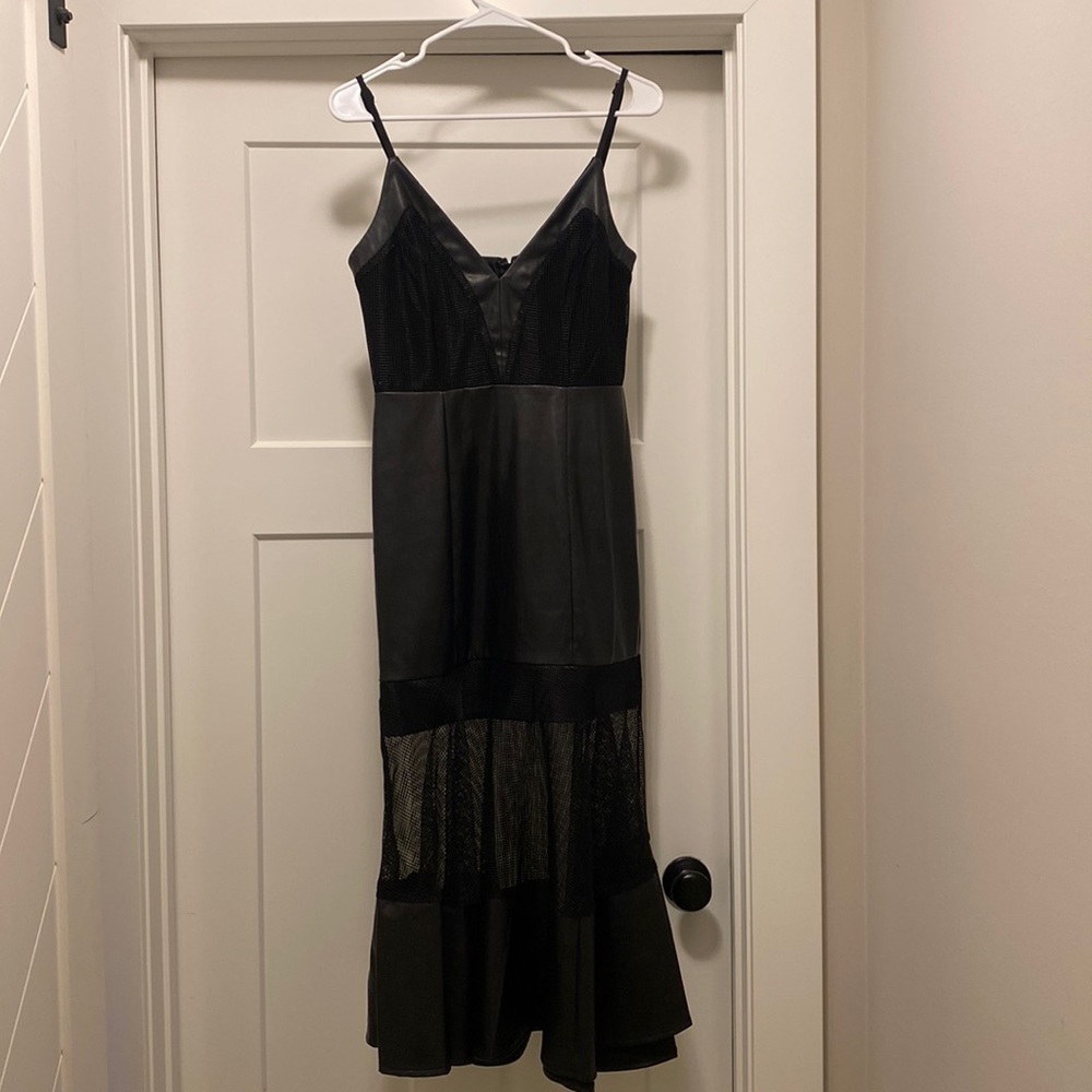 Black Faux leather Midi Dress— Bebe
